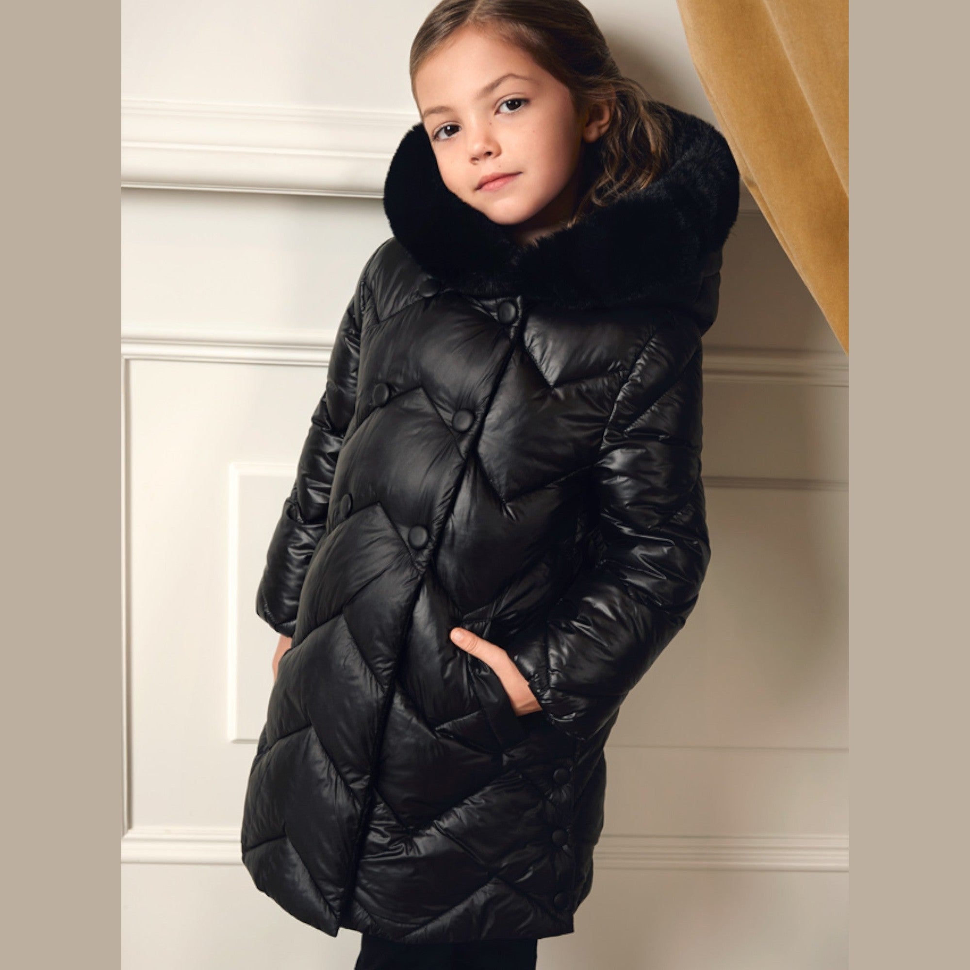 Giaccone lungo trapuntato Bimba Nero 5847/10 - NANU' BABY
