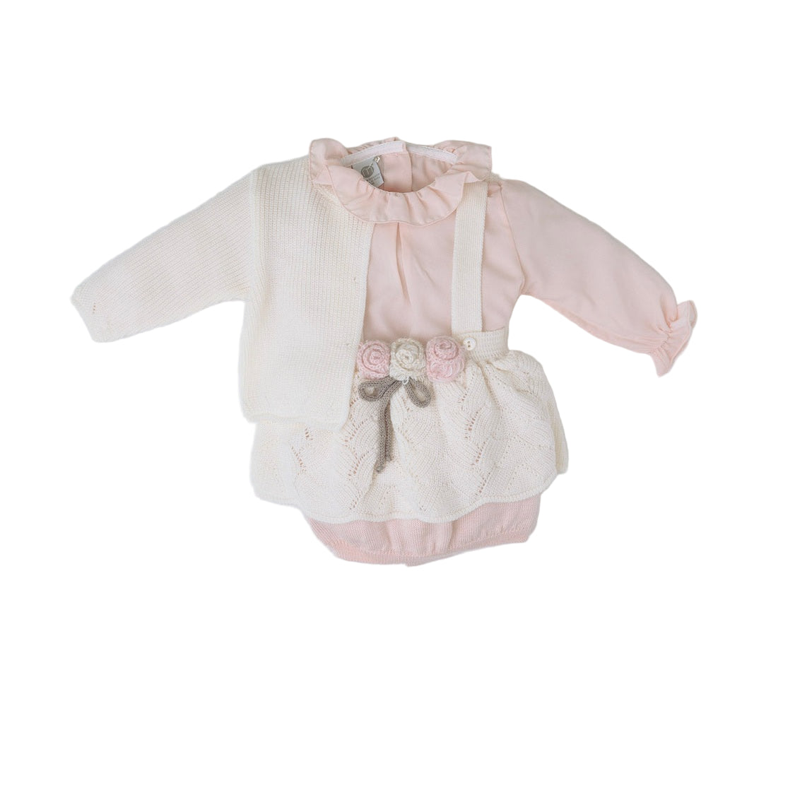 Completo 3 pezzi con salopette-coulotte e fiori Bimba VANIGLIA IN2560 - NANU' BABY
