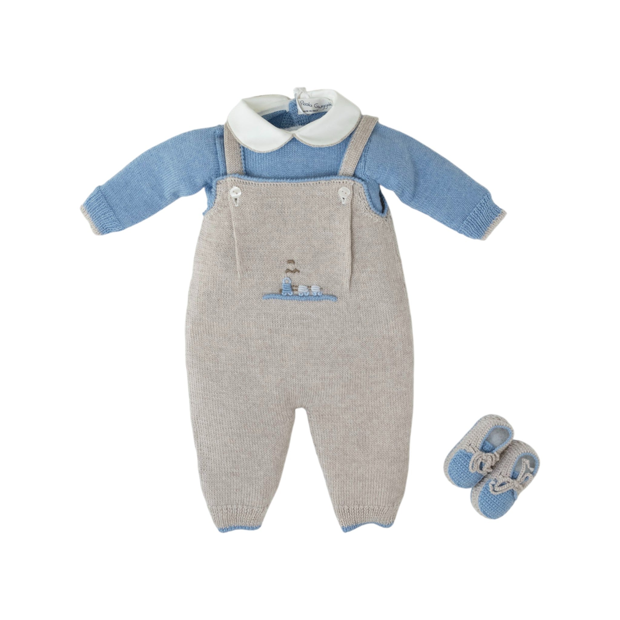 Completo Salopette Maglia Babbucce Ricamo Trenino BENNY - Piccola Giuggiola BENNY/SL