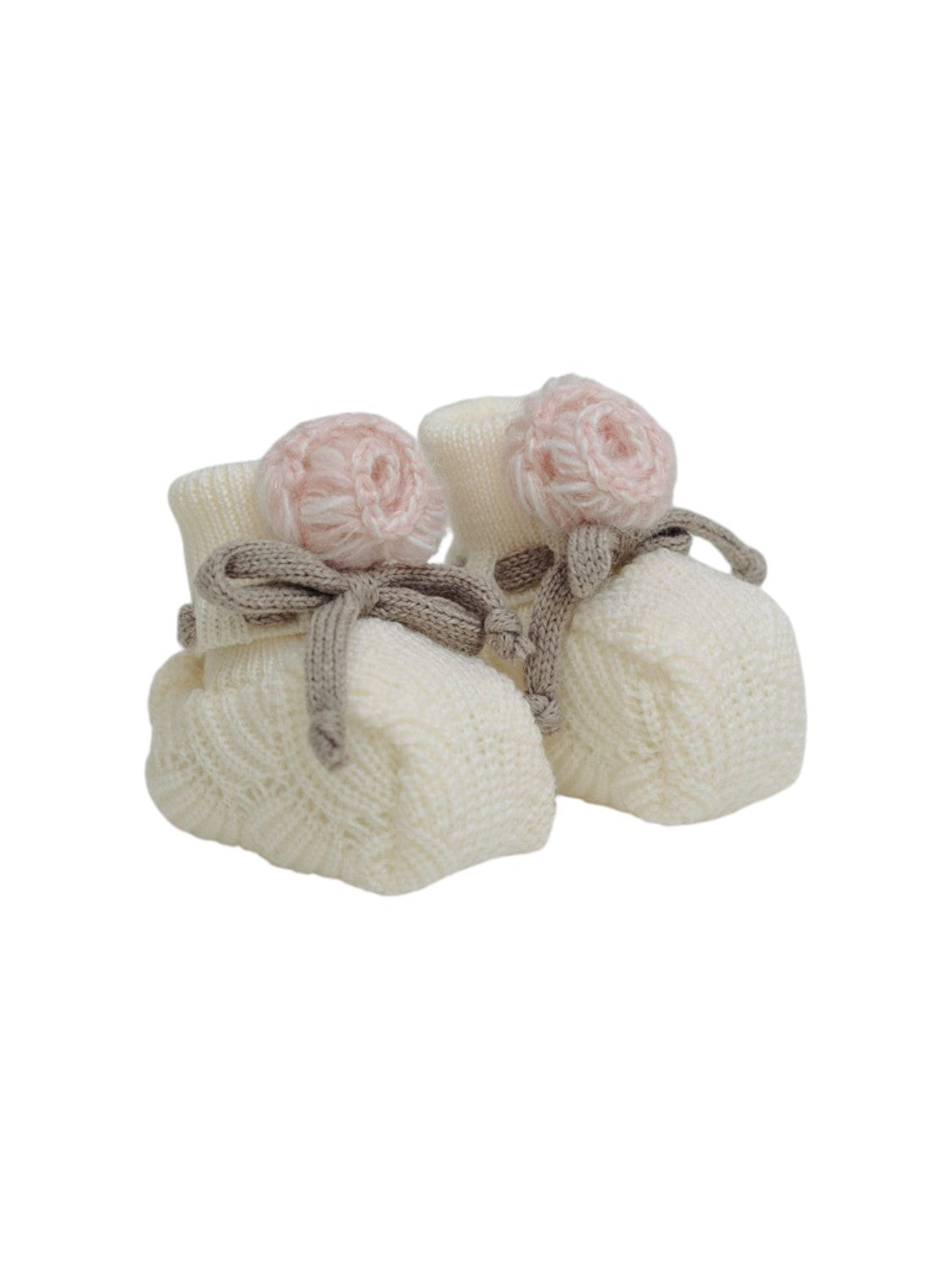 Babbucce Neonata Lana Vergine 100% Vaniglia Fiore Rosa Laccetto IN25S